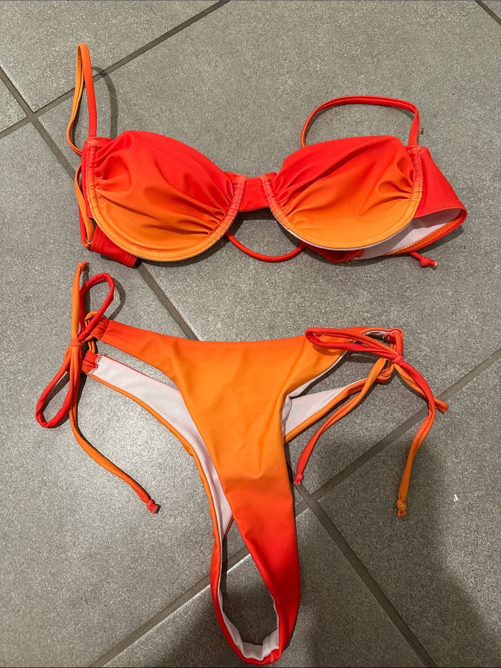 SHEIN Orange-Red Ombre Tie-Side Bikini Set